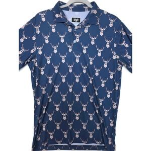Waggle Polo Shirt Mens Small Blue Deer Print Golf Performance Stretch Novelty